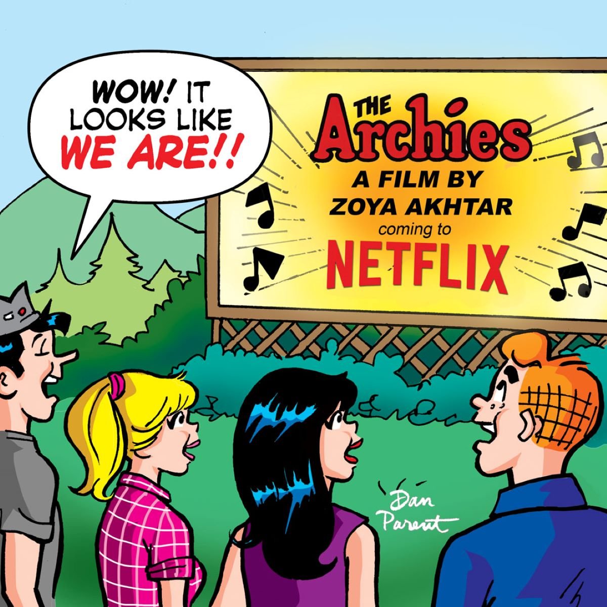 'The Archies' Graphic featuring Archie, Jughead, Bett, and Veronica looking at a sign for the upcoming movie