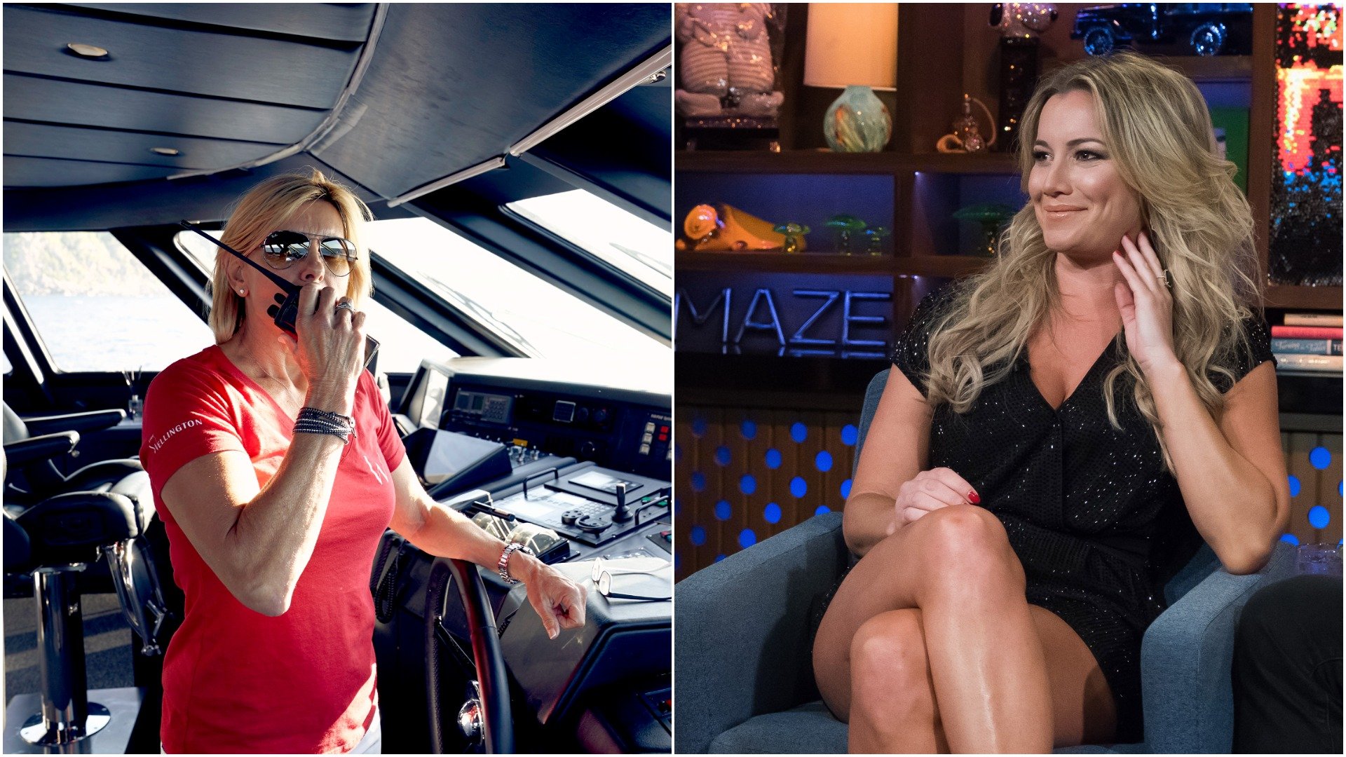 Captain Sandy Yawn calls someone from the bridge on Below Deck Mediterranean and Hannah Ferrier is on WWHL 