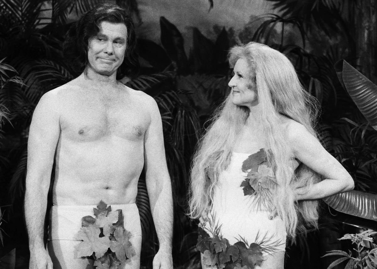 Johnny Carson in costume as Adam and Betty White in costume as Eve