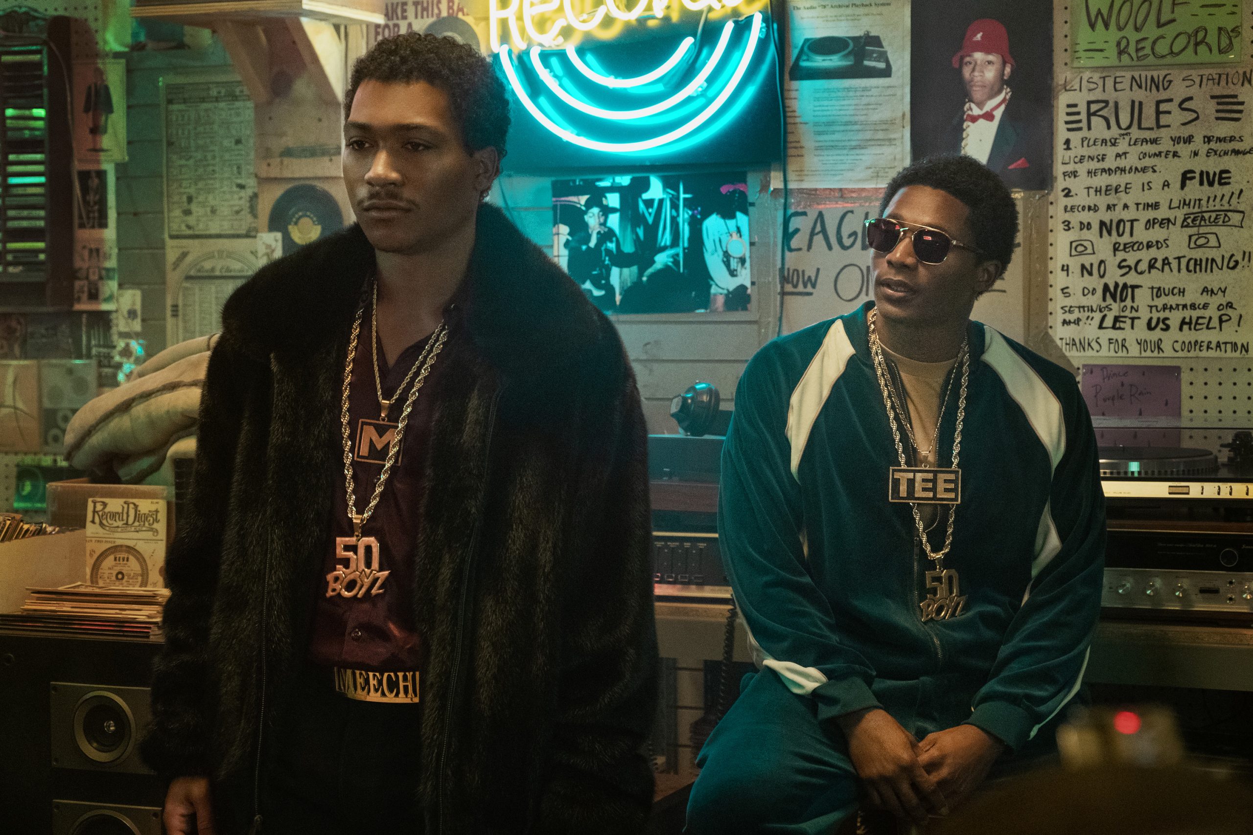 Demetrius “Lil Meech” Flenory Jr. as Demetrius “Big Meech” Flenory and Da’Vinchi as Terry “Southwest T” Flenory in wearing sunglasses and gold chains 'BMF'