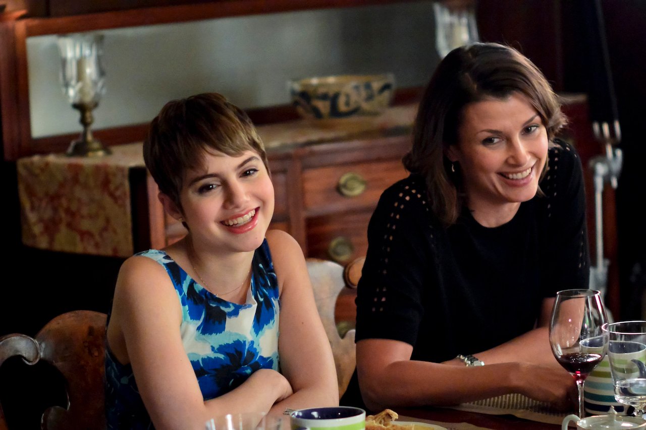Bridget Moynahan as Erin and Sami Gayle as Nicky sit next to each other at family dinner on 'Blue Bloods'