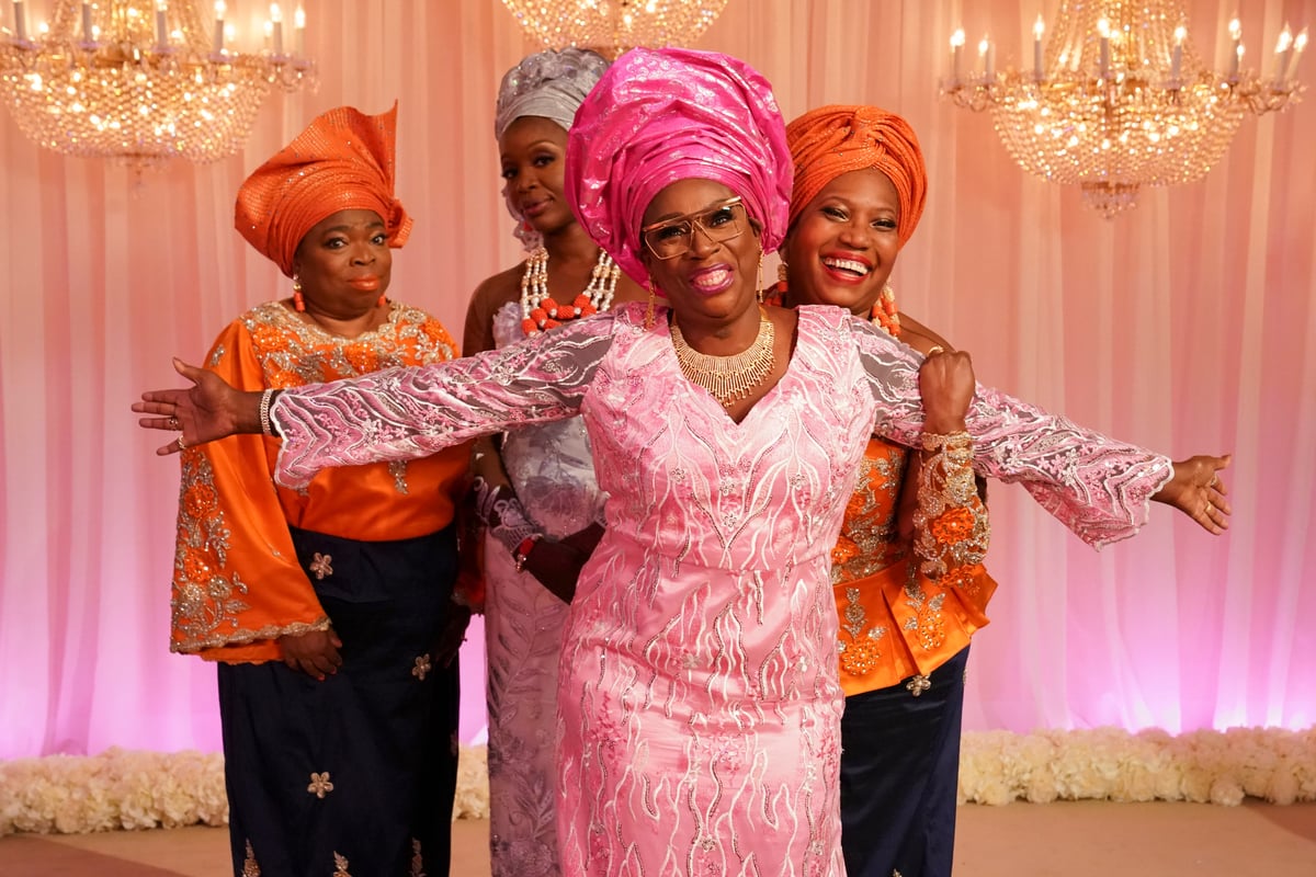 Shola Adewusi as Auntie Olu, Folake Olowofoyeku as Abishola, Gina Yashere as Kemi, and Saidah Arrika Ekulona as Ebunoluwa from 'Bob Hearts Abishola'