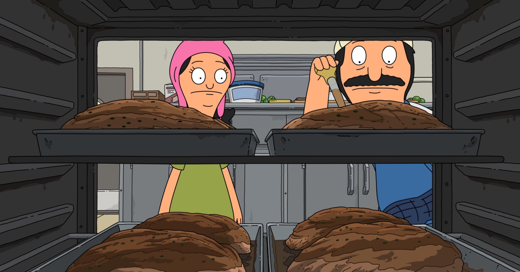 'Bob's Burgers' Thanksgiving episodes ranked with Bob and Louise looking at turkeys.