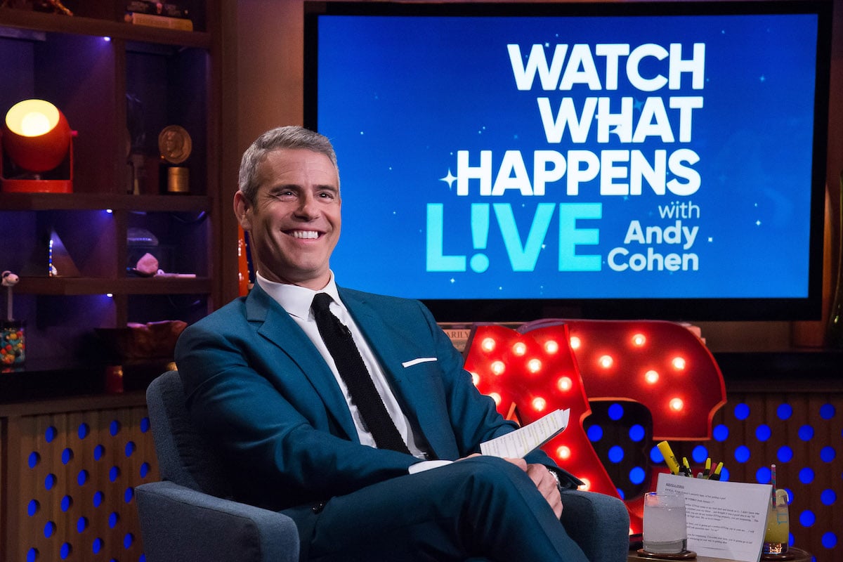 Bravo celebrity Andy Cohen sits on the set of his talk show 'Watch What Happens Live'