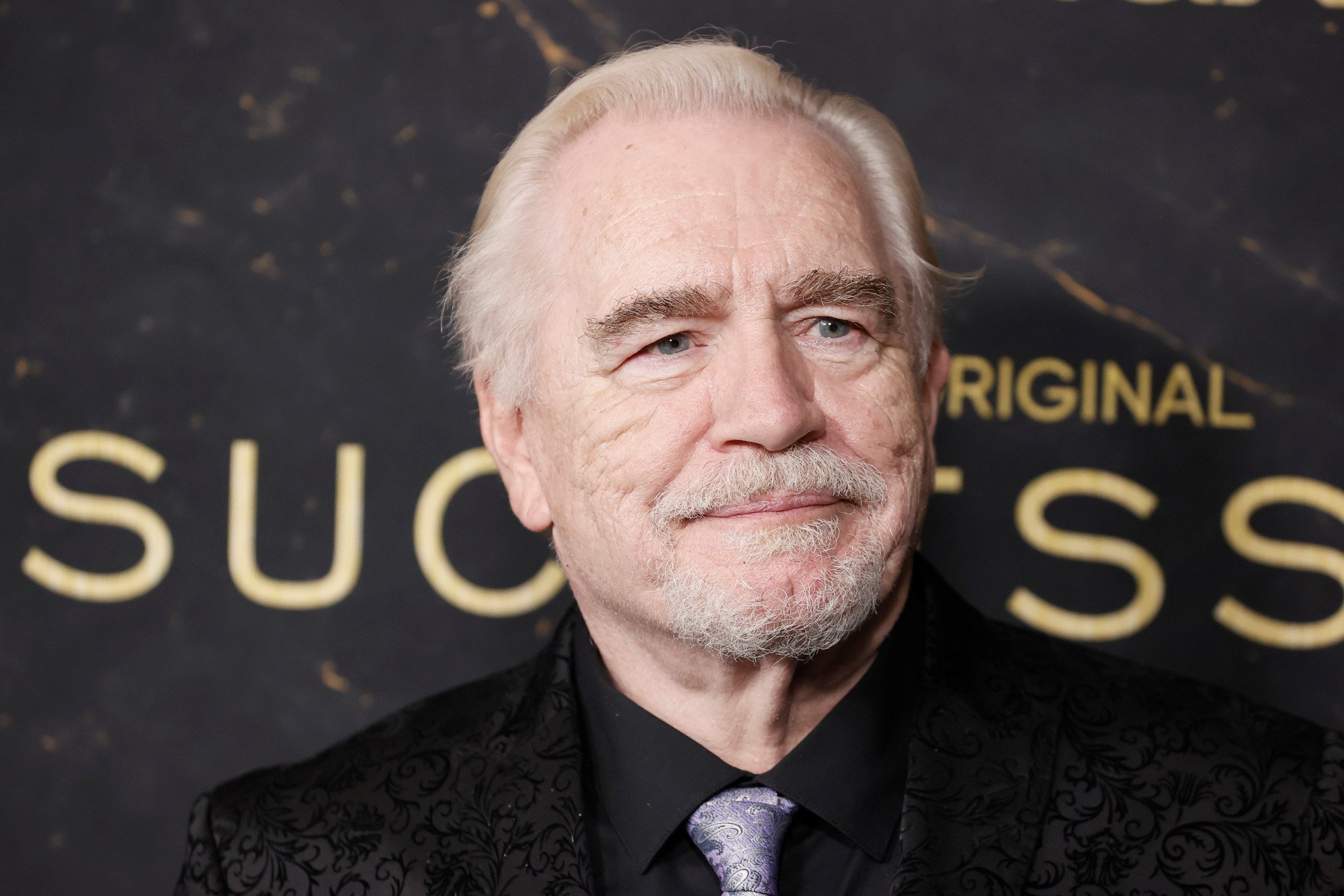 'Succession' star Brian Cox wearing a black suit and silver tie.