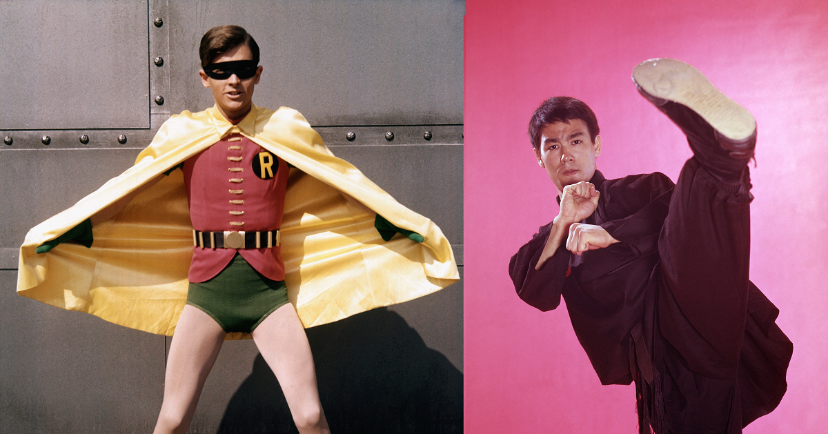 Burt Ward as Robin in Batman' and Bruce Lee in a fighting pose from 'The Green Hornet'