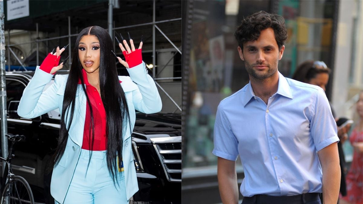 (L) Cardi B in a light blue suit with a red shirt, waving at cameras (L) Penn Badgley in a light blue button down shirt, hands in pockets and smiling