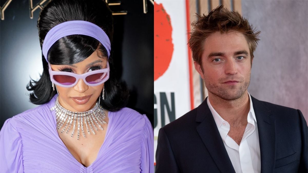 (L) Cardi B in purple with matching sunglasses and headband (R) Robert Pattinson in a suit jacket with a white shirt, unbuttoned at top