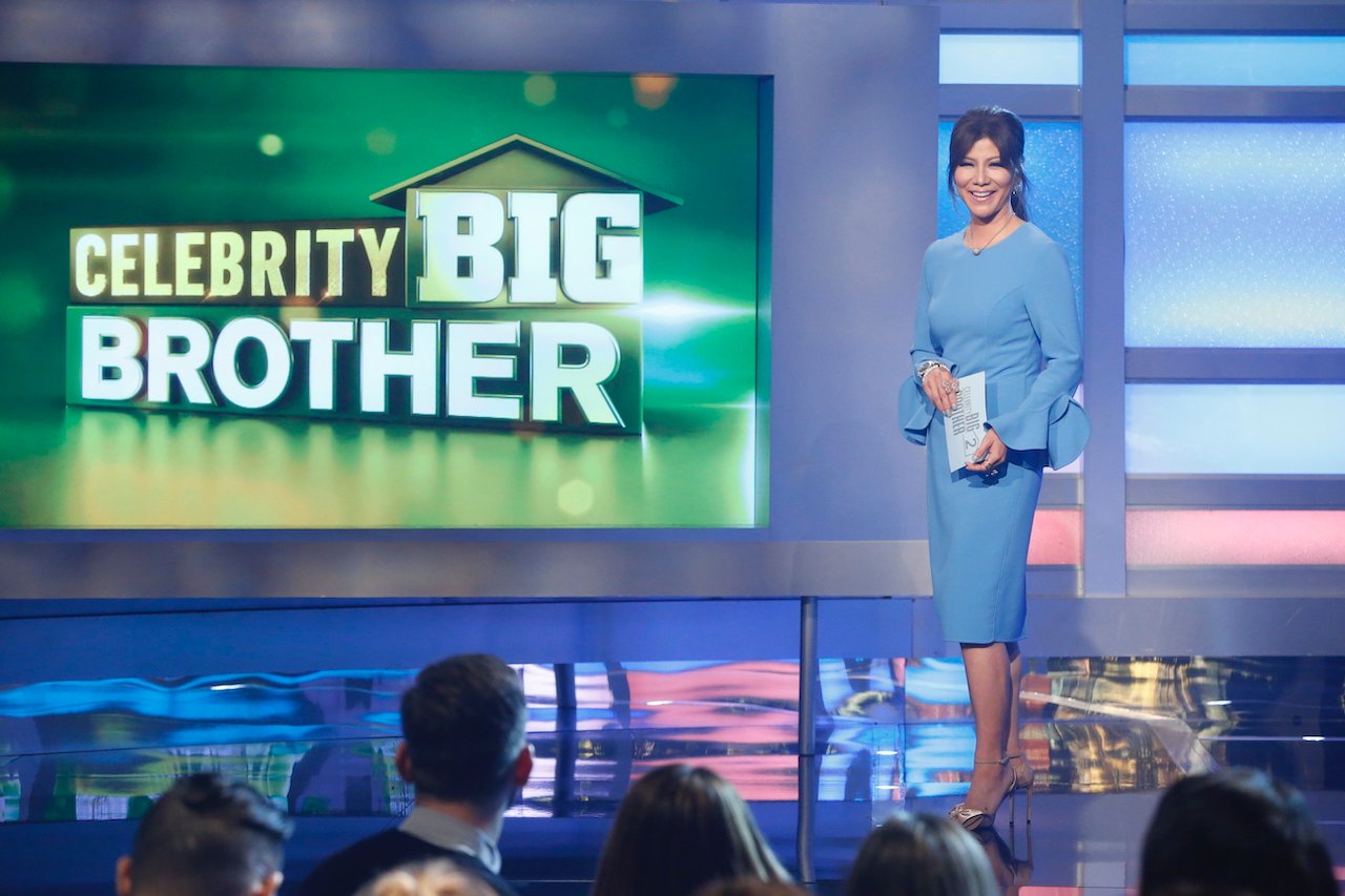 Julie Chen Moonves wears a blue dress on stage of 'Celebrity Big Brother'