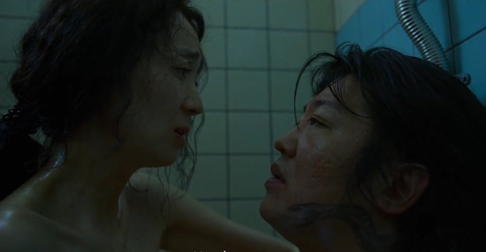 Characters Han Mi-nyeo and Jang Deok-su for 'Squid Game' K-drama in bathroom during sex scene