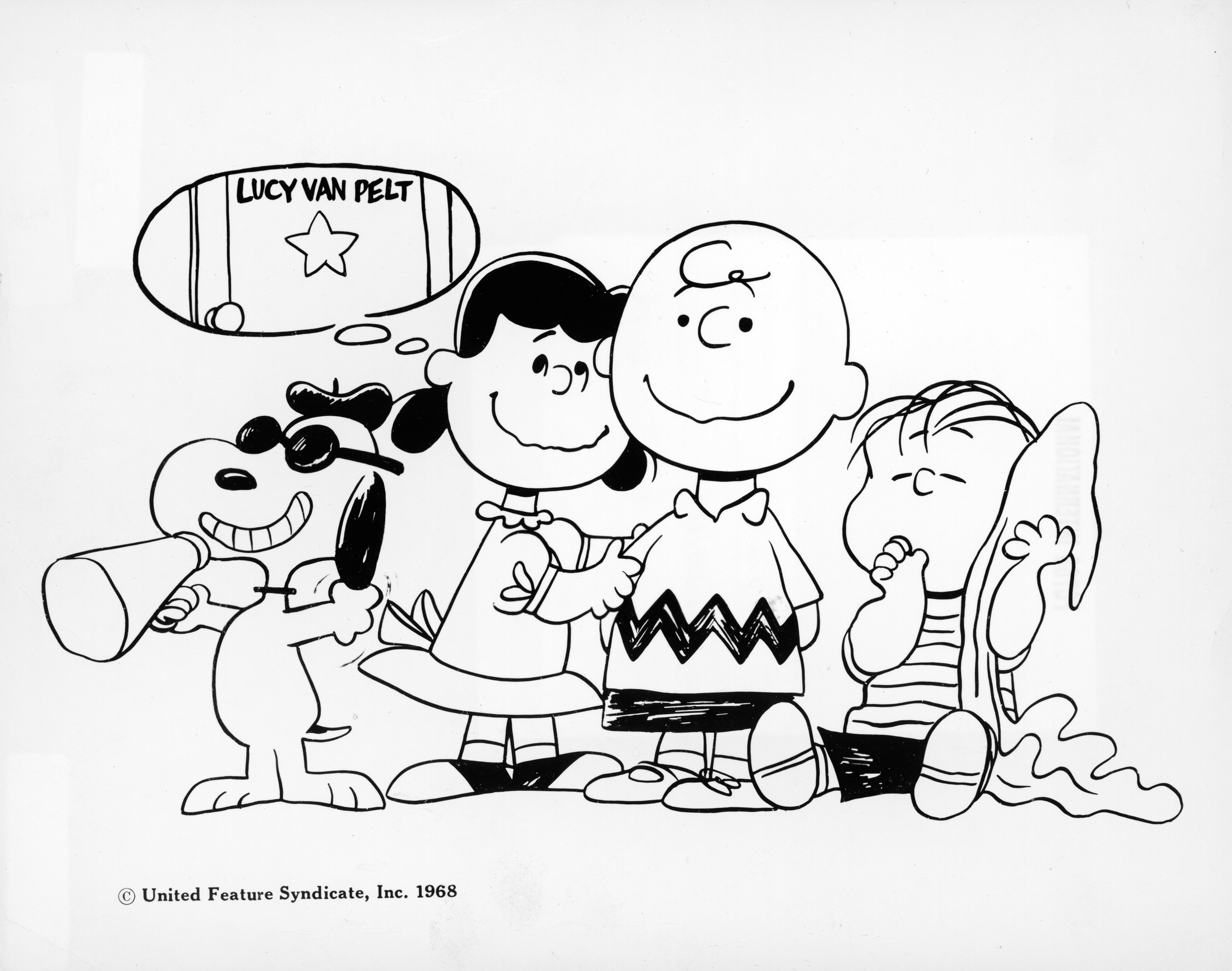 Snoopy, Lucy. Charlie Brown, and Linus stand in a line in a drawing from the Charles Schultz comic strip, 'Peanuts'