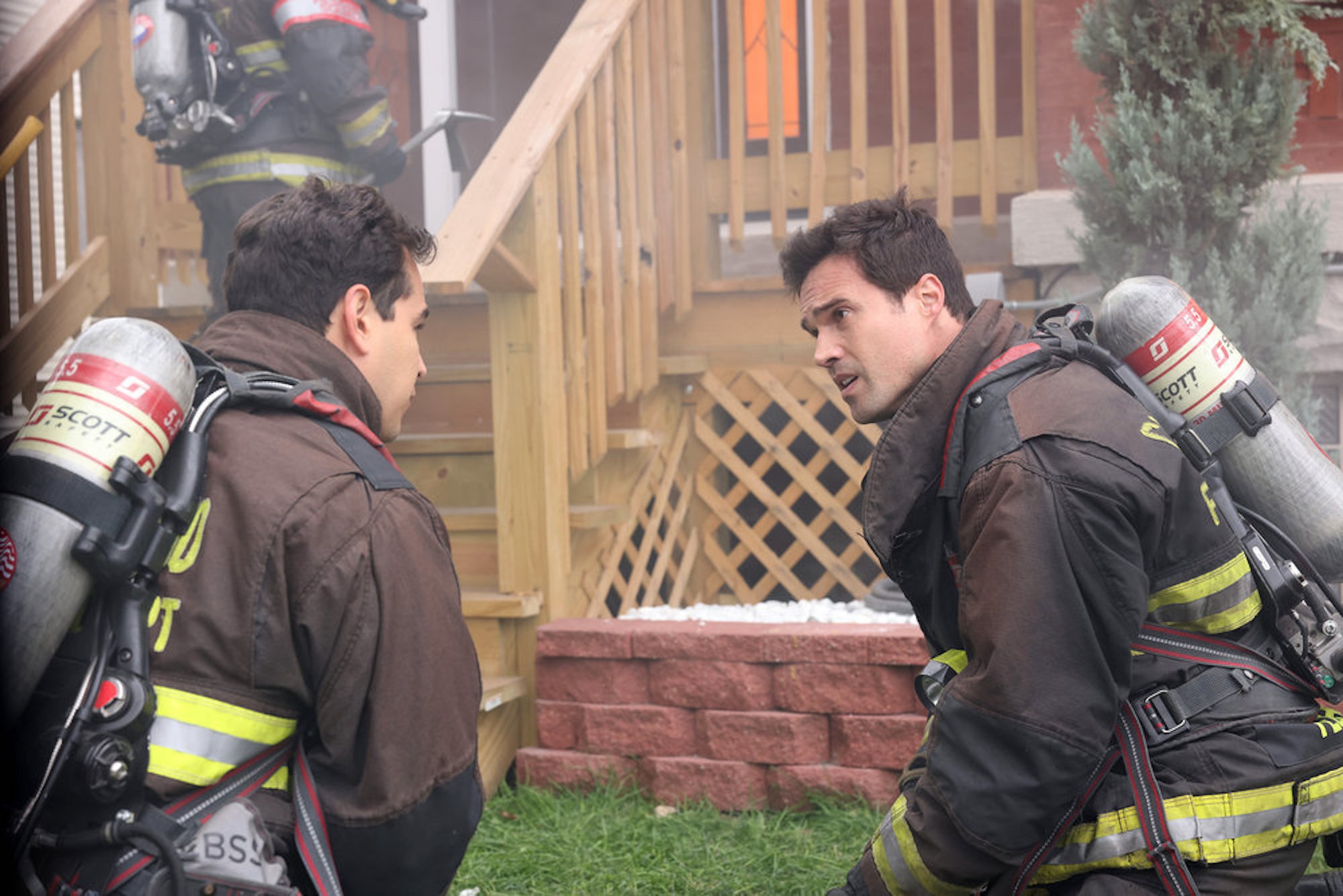 Alberto Rosende as Blake Gallo and Brett Dalton as Jason Pelham in 'Chicago Fire' Season 10