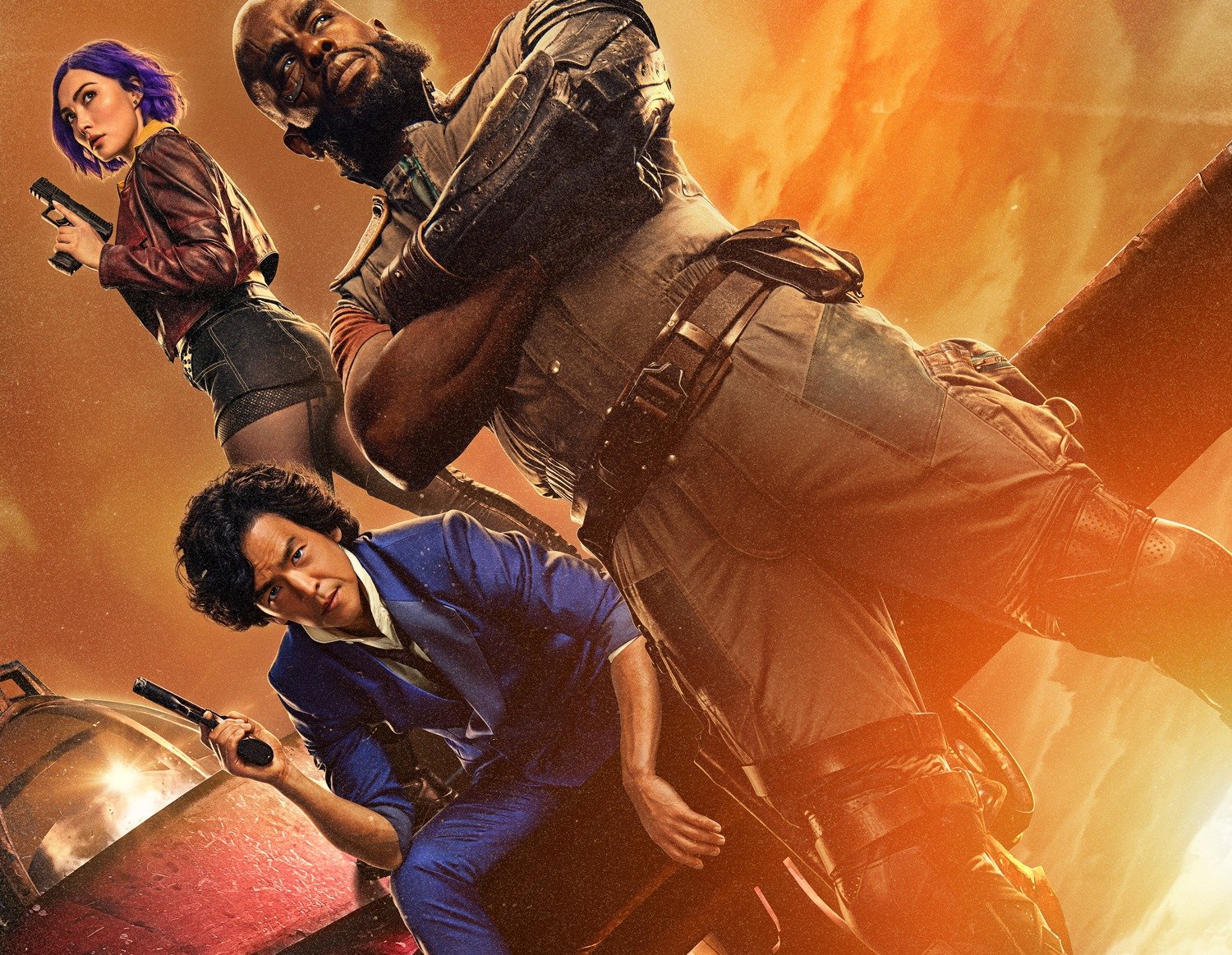 Poster art for Netflix's live-action 'Cowboy Bebop' featuring John Cho as Spike Spiegel, Daniella Pineda as Faye Valentine, and Mustafa Shakir as Jet Black