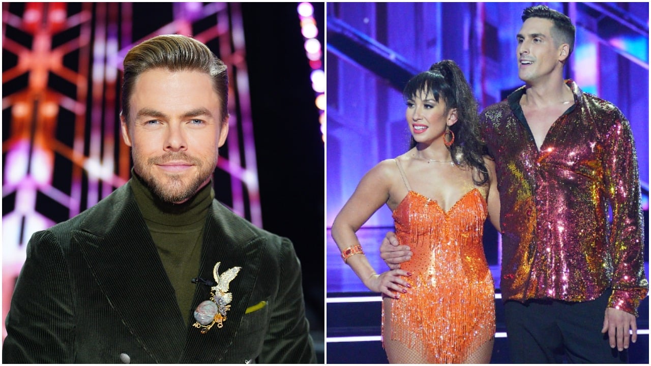 Derek Hough; Cheryl Burke with Cody Rigsby as they receive the judges' scores for their redemption Salsa on 'Dancing with the Stars'