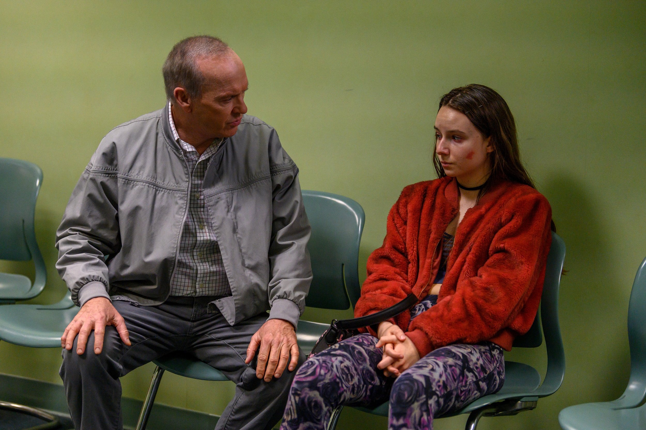 'Dopesick' Episode 8 Michael Keaton and Alayna Hester sitting together talking as Samuel Finnix and Elizabeth Ann