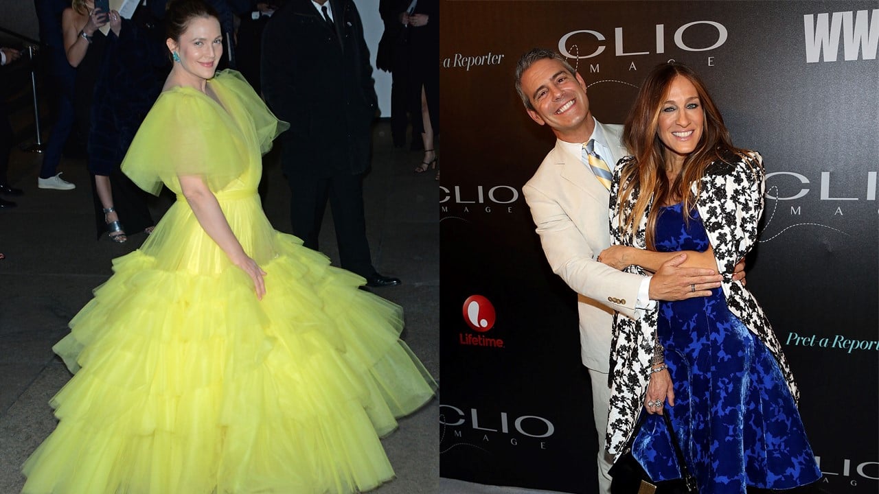 (L) Drew Barrymore poses in a bright yellow dress | (R) Andy Cohen stands behind Sarah Jessica Parker, both smiling