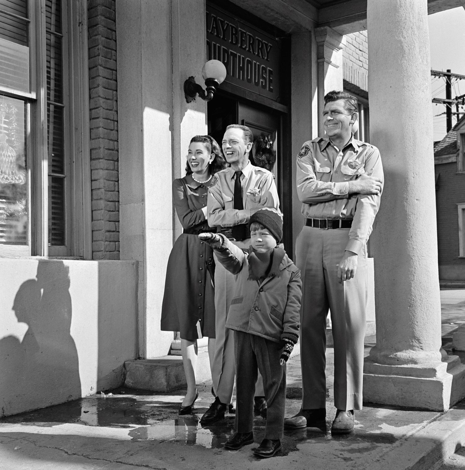 Elinor Donahue, Don Knotts, Ron Howard, and Andy Griffith in a scene from 'The Andy Griffith Show'