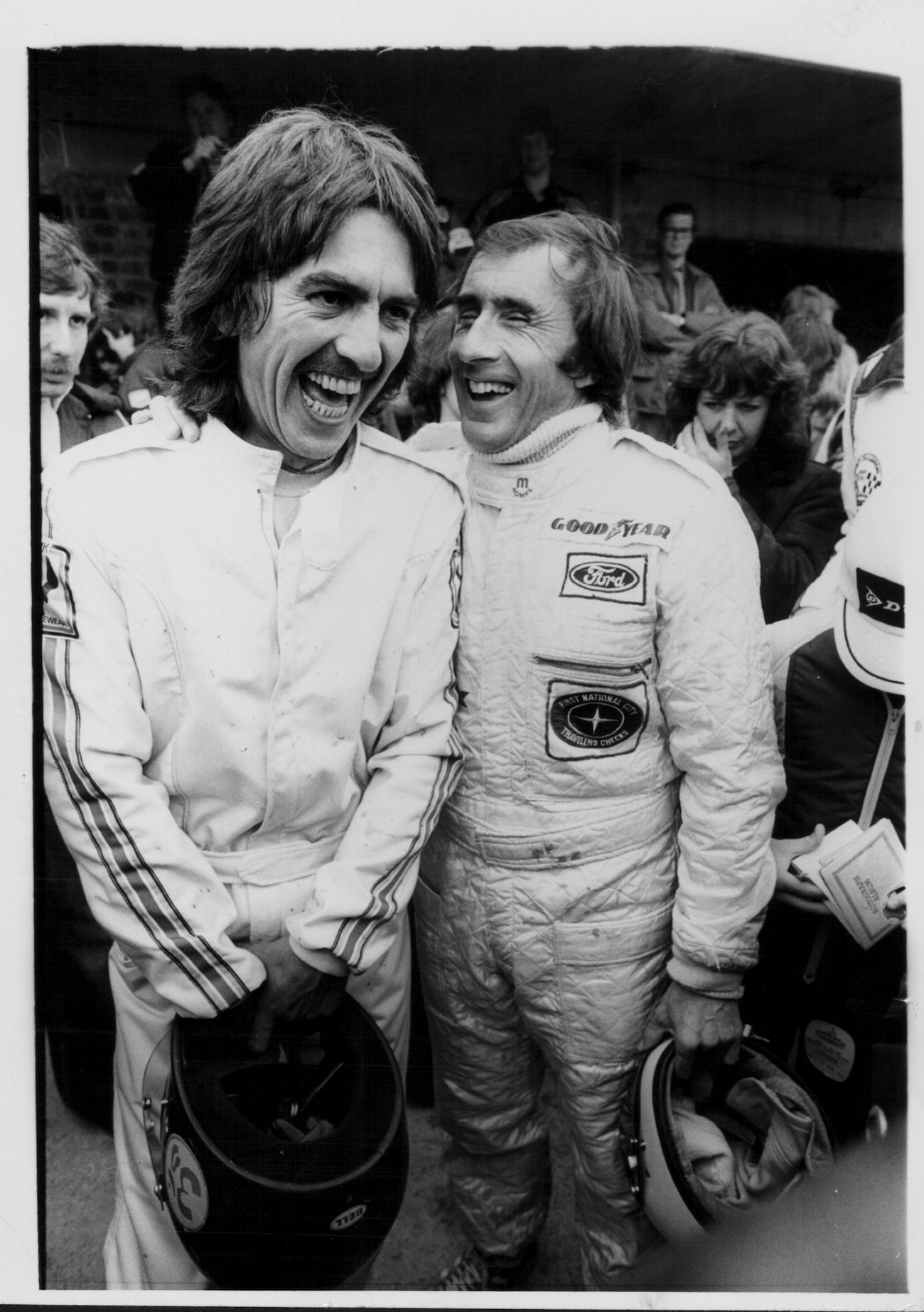 George Harrison and Jackie Stewart at Donington Park, England, 1979.