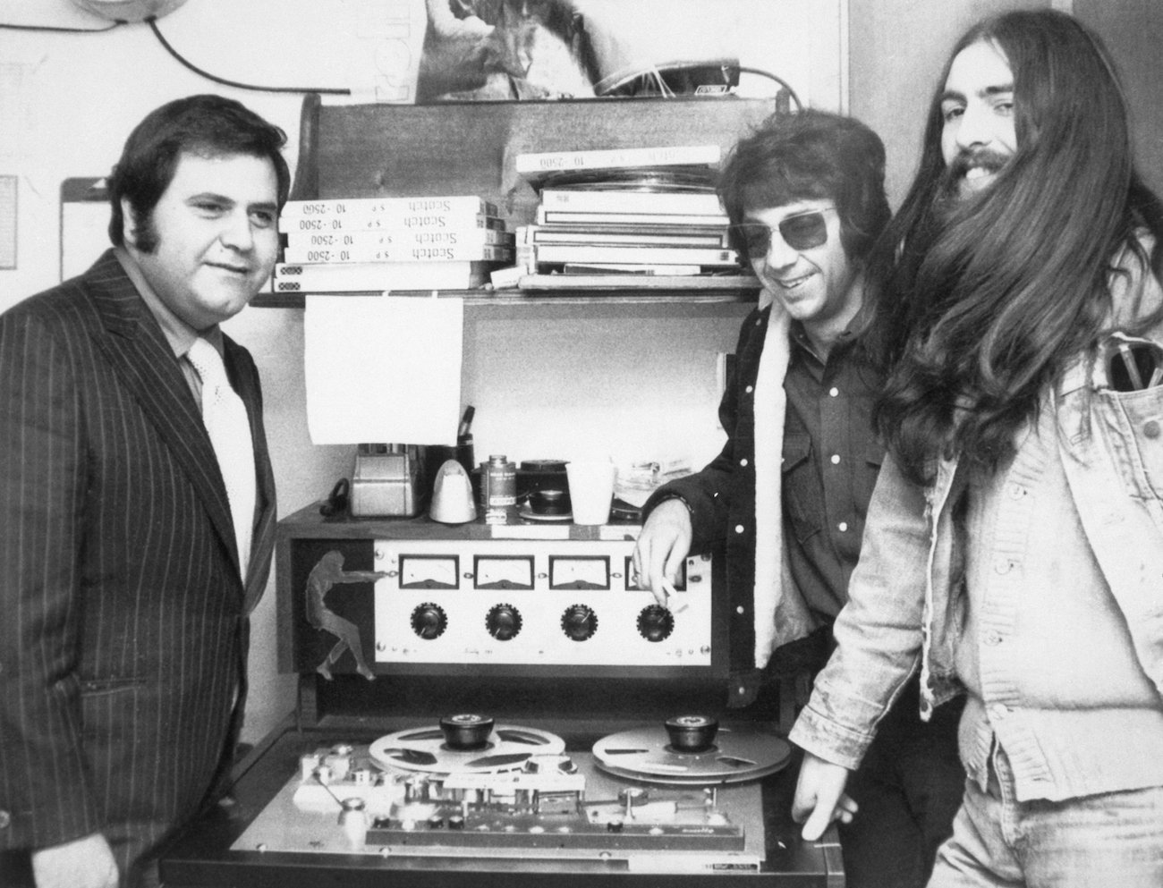 George Harrison and Phil Spector in the studio listening to the master tape of 'All Things Must Pass,' 1970.