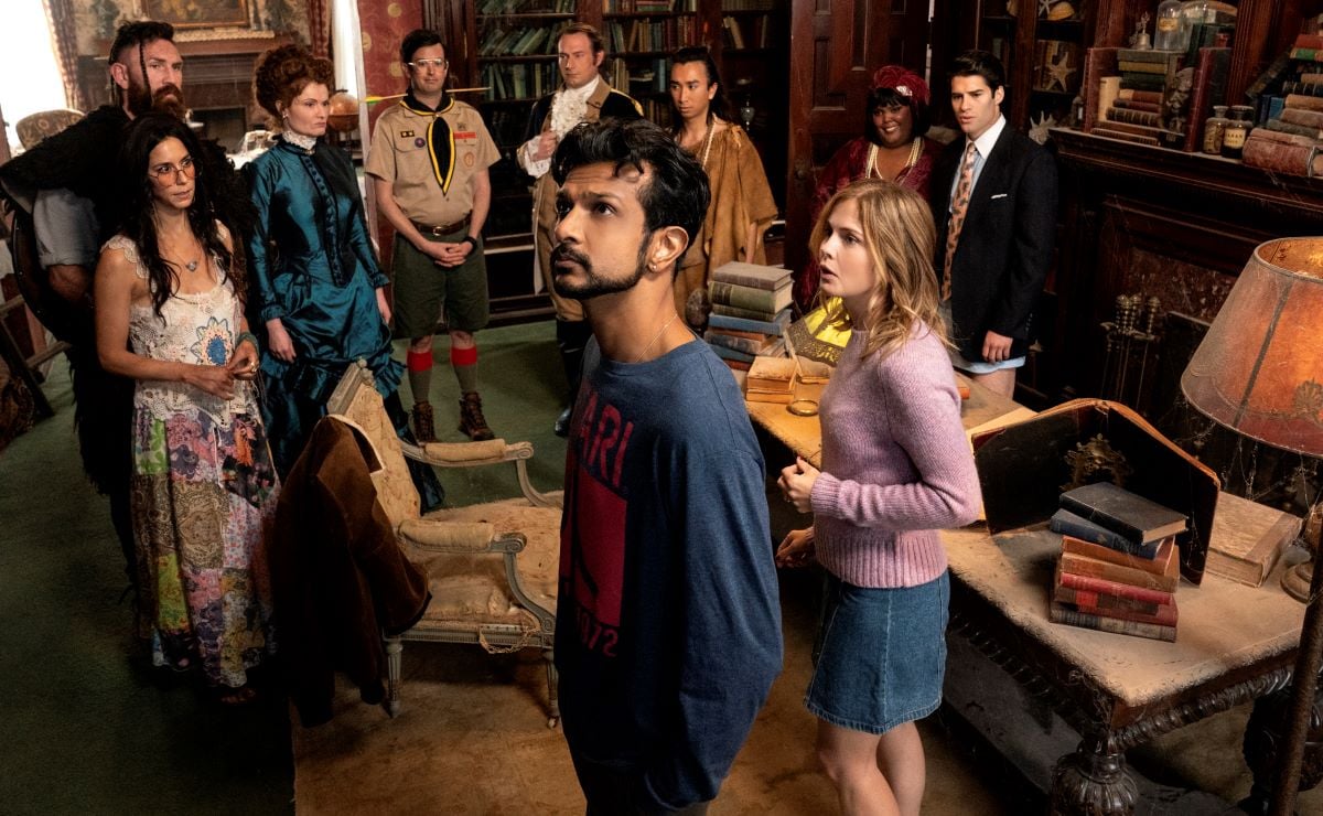 'Ghosts' cast:  L-R Utkarsh Ambudkar as Jay and Rose McIver as Samantha . (Back Row L-R) Sheila Carrasco as Flower, Devan Chandler Long as Thorfinn, Rebecca Wisocky as Hetty, Richie Moriarty as Pete, Brandon Scott Jones as Isaac, . Román Zaragoza as Sasappis, Danielle Pinnock as Alberta and Asher Grodman as Trevor