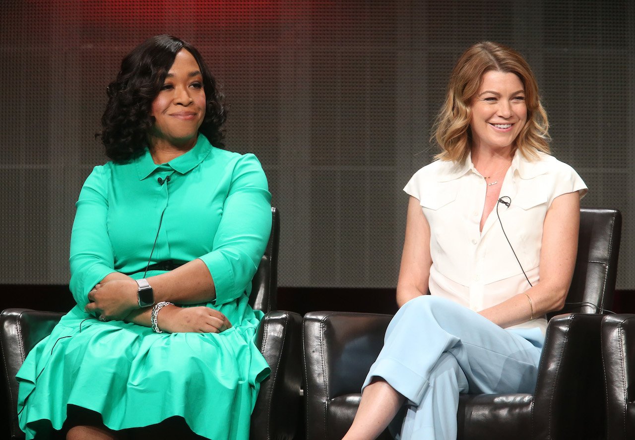 Ellen Pompeo and Shonda Rhimes of 'Grey's Anatomy' sit next to each other on stage.