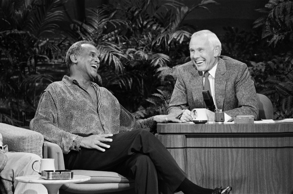'The Tonight Show' guest Harry Belafonte and host Johnny Carson, laughing