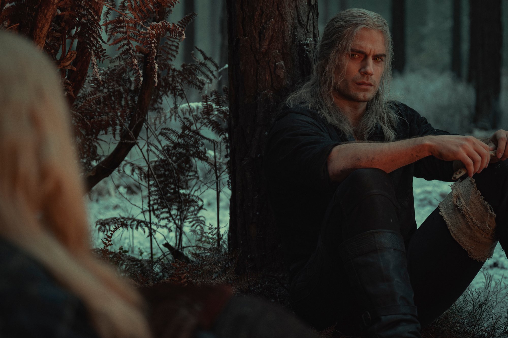 Henry Cavill as Geralt of Rivia in Netflix's 'The Witcher.' He's sitting and leaning against a tree. He's looking at Ciri.