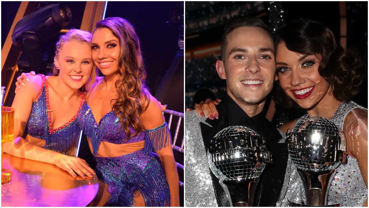 JoJo Siwa and Jenna Johnson Chmerkovskiy in the 'Dancing with the Stars' ballroom; Adam Rippon and Jenna Johnson Chmerkovskiy with their Mirrorball Trophies after winning season 26