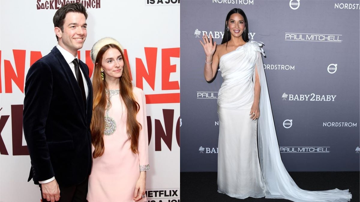 (L) John Mulaney in a suit and Anna Marie Tendler in a pink dress and hat (R) Olivia Munn waves in a white dress