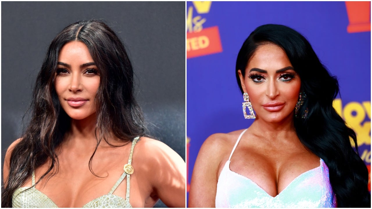 Kim Kardashian West smiles at the camera; Angelina Larangeira poses at the MTV TV and Movie Awards