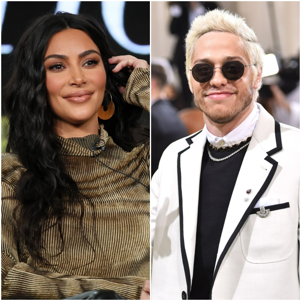 (L): Kim Kardashian West speaking onstage at the Winter TCA Tour, (R): Pete Davidson giving the peace sign at the 2021 Met Costume Institute Benefit