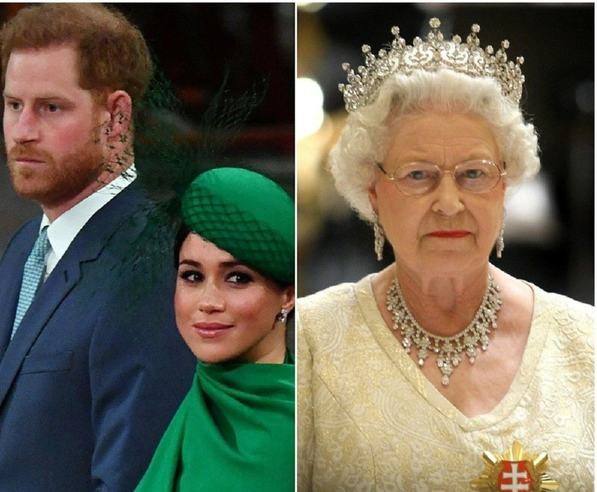 (L): Prince Harry and Meghan Markle at Commonwealth Service, (R): Queen Elizabeth II at a state banquet