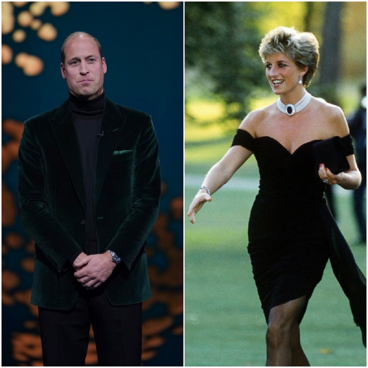(L): Prince William standing on stage during the first Earthshot Prize awards ceremony, (R): Princess Diana donning iconic revenge dress