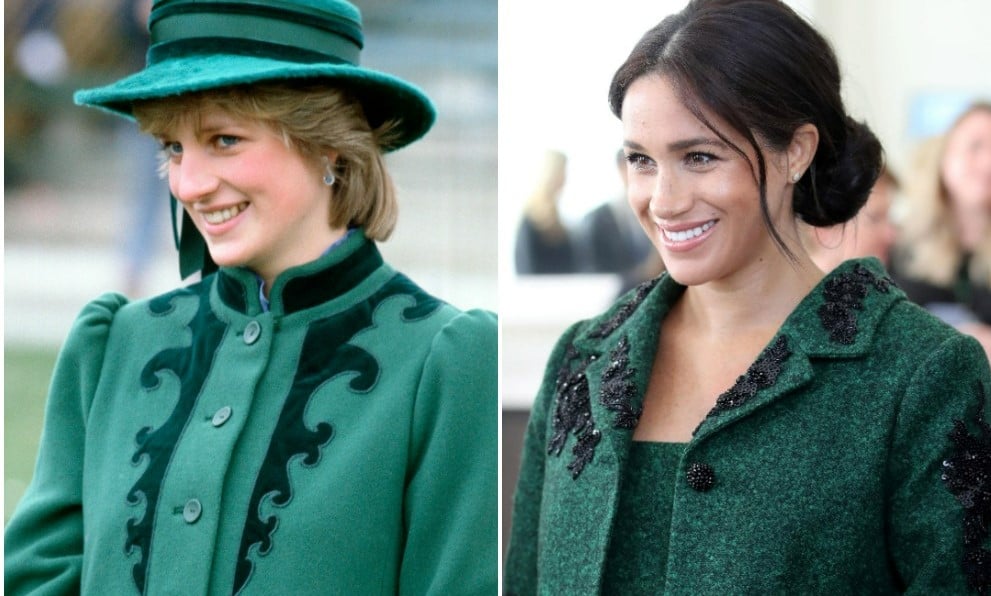 (L): Princess Diana visiting Bristol in a green coat and hat, (R): Meghan Markle attends an event at Canada House wearing a green coat