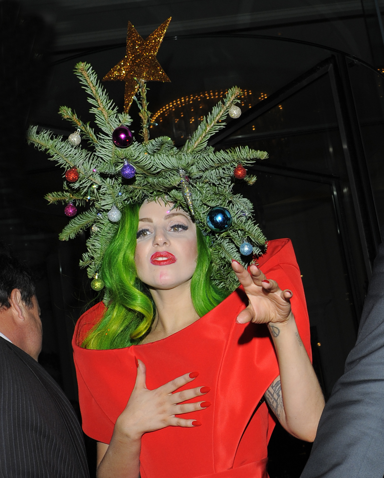 Lady Gaga dressed as a Christmas tree in London