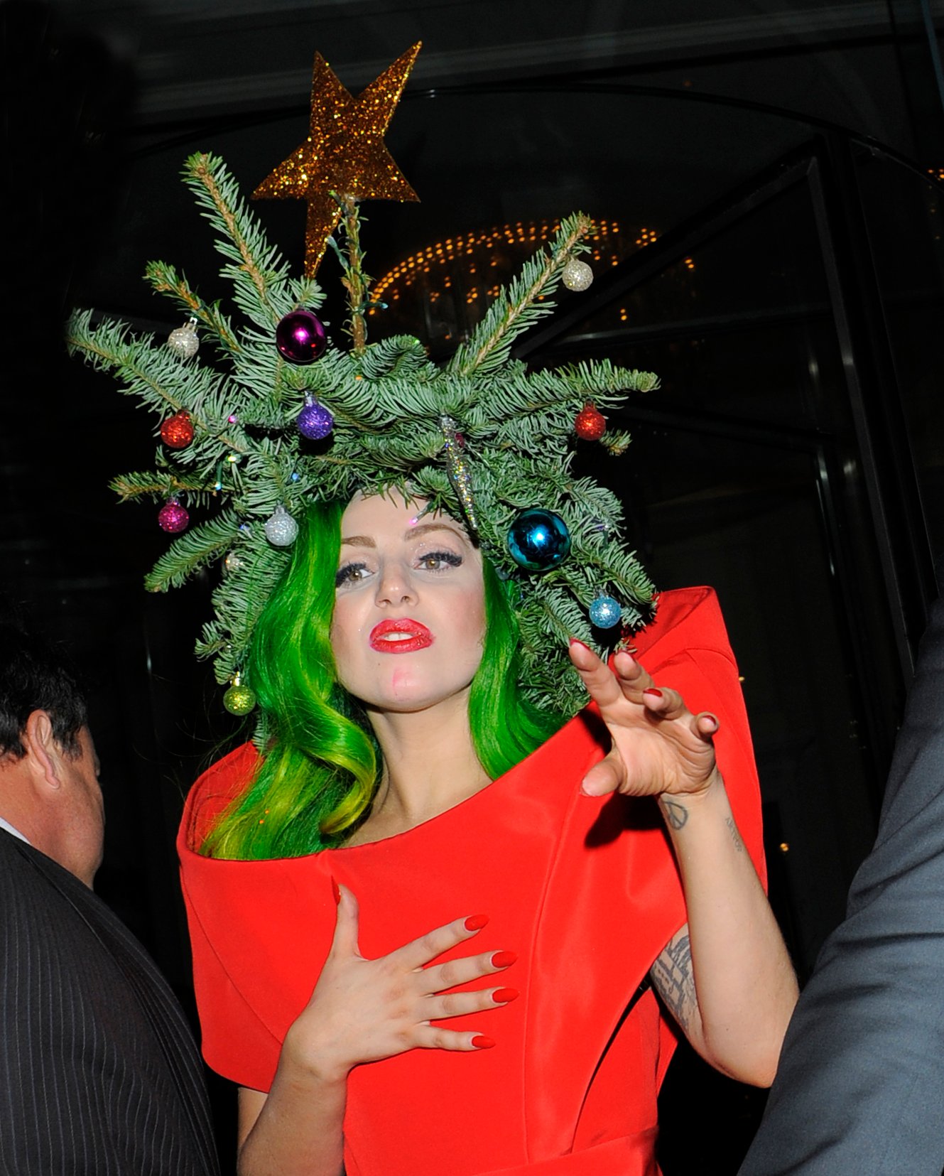 Lady Gaga dressed as a Christmas tree in London