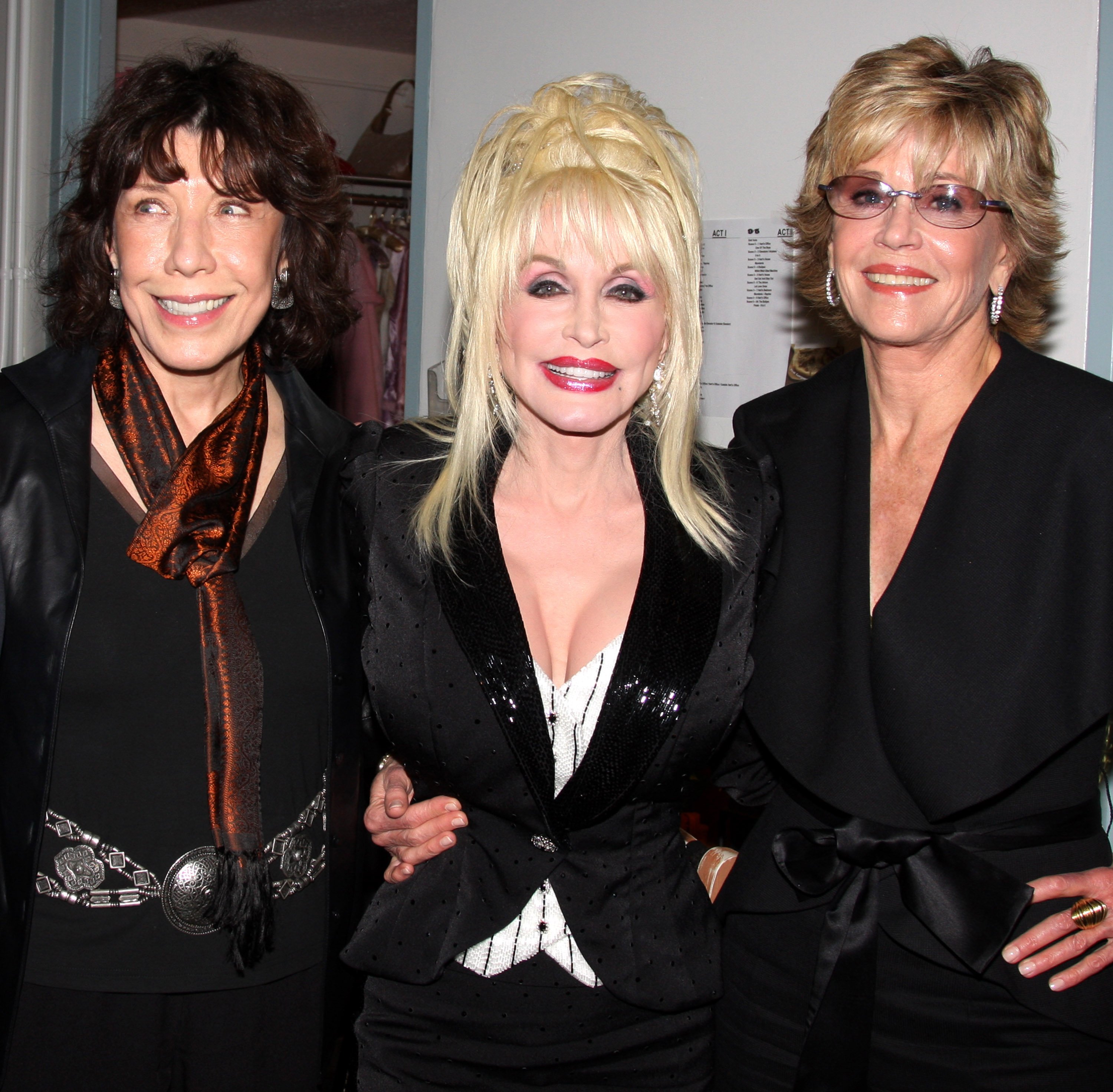 Lily Tomlin, Jane Fonda, and Dolly Parton pose backstage at the opening night of Dolly Parton's "9 to 5" at The Ahmanson Theater on September 20, 2008 in Los Angeles.