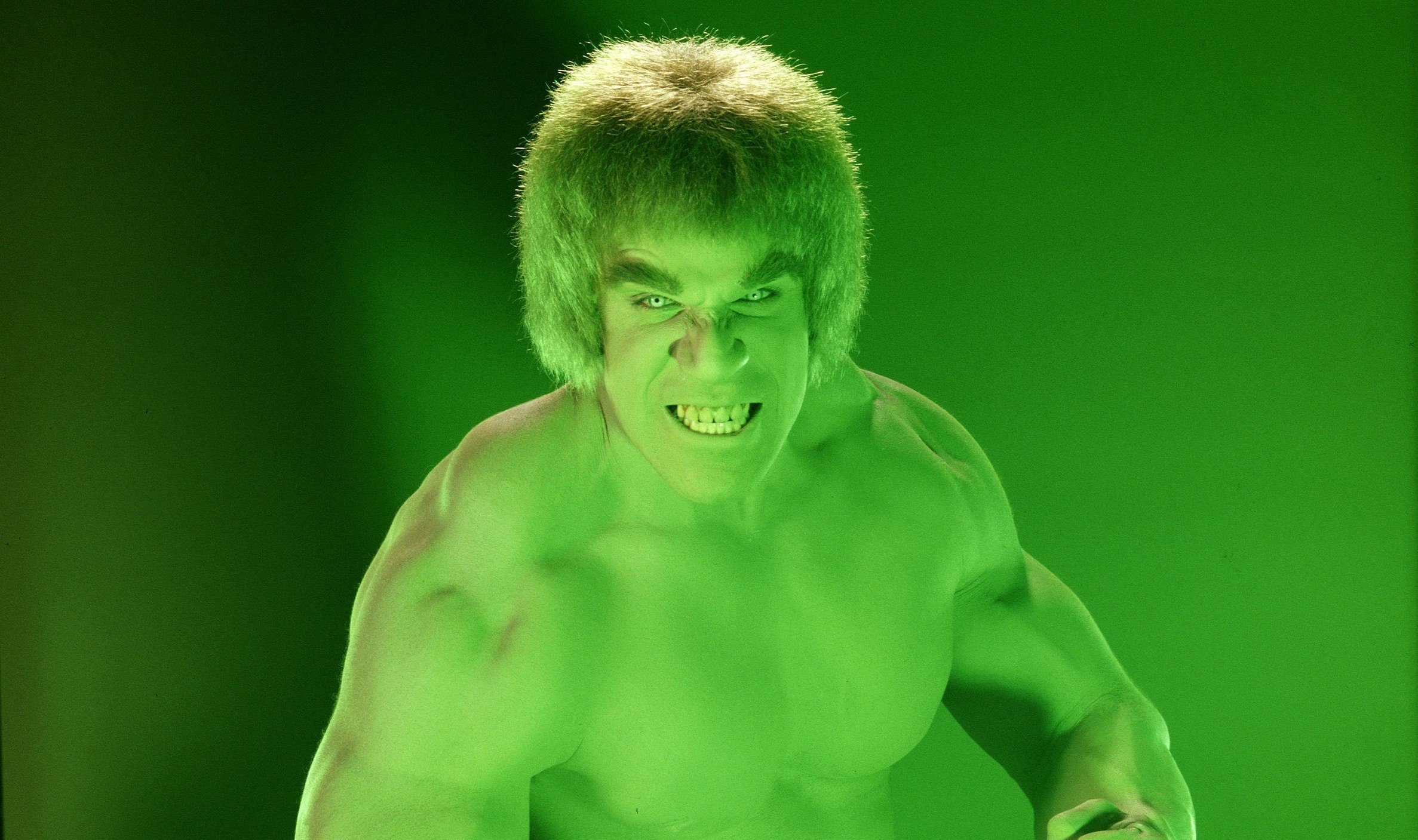 Lou Ferrigno in green paint as The Incredible Hulk