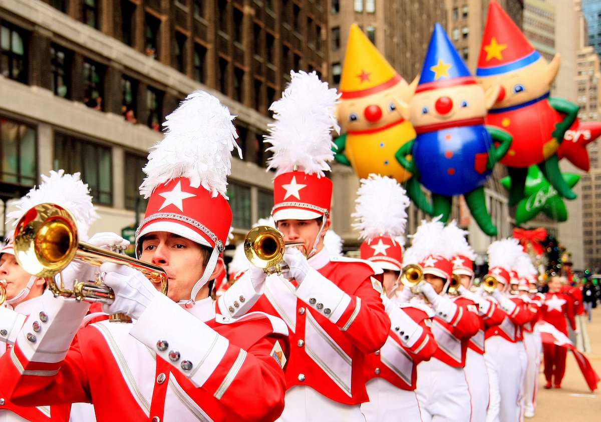 A marching band at the Macy's Thanksgiving Day Parade