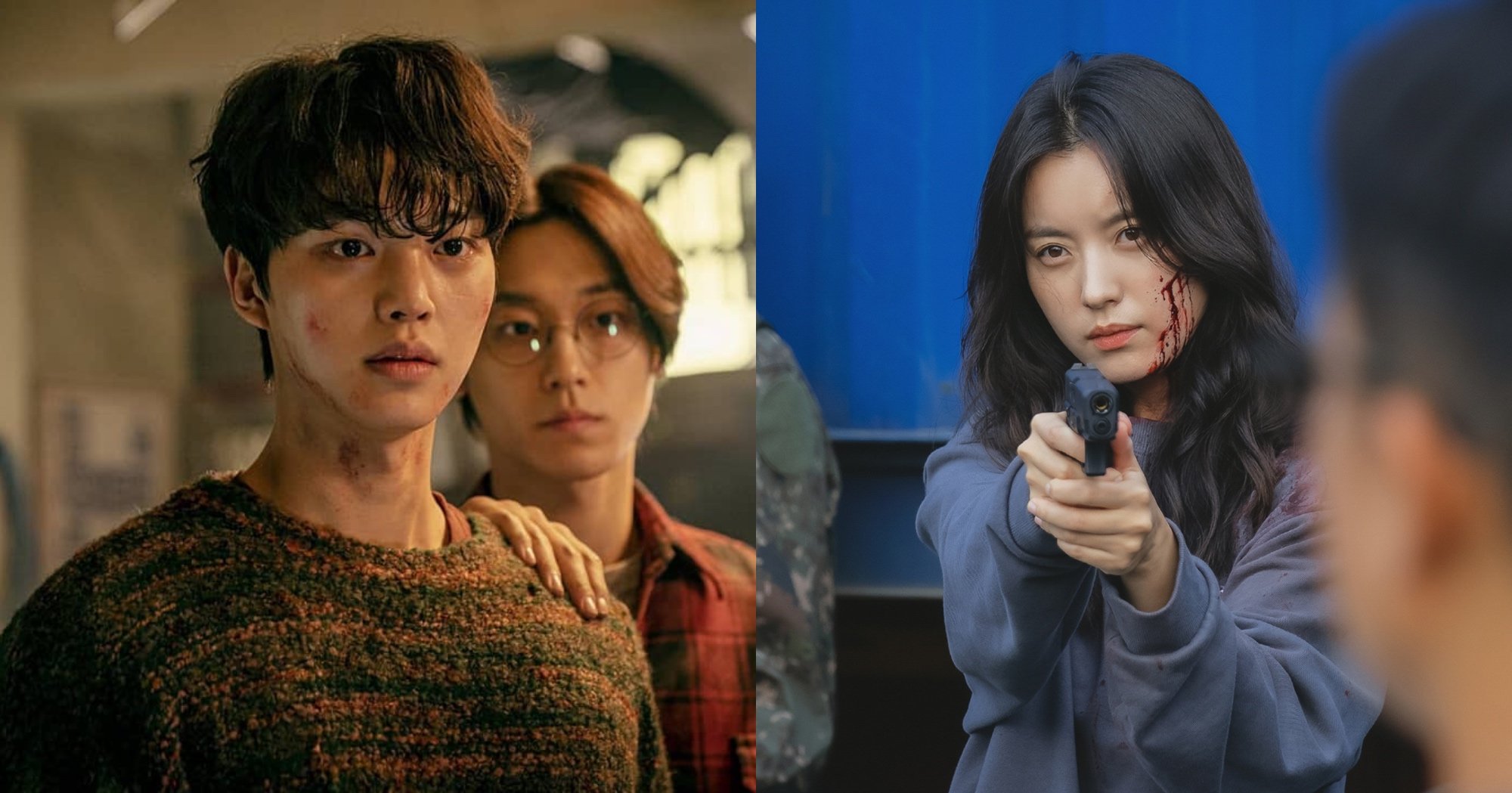 Main characters from 'Sweet Home' on Netflix and 'Happiness' K-drama wearing sweaters.