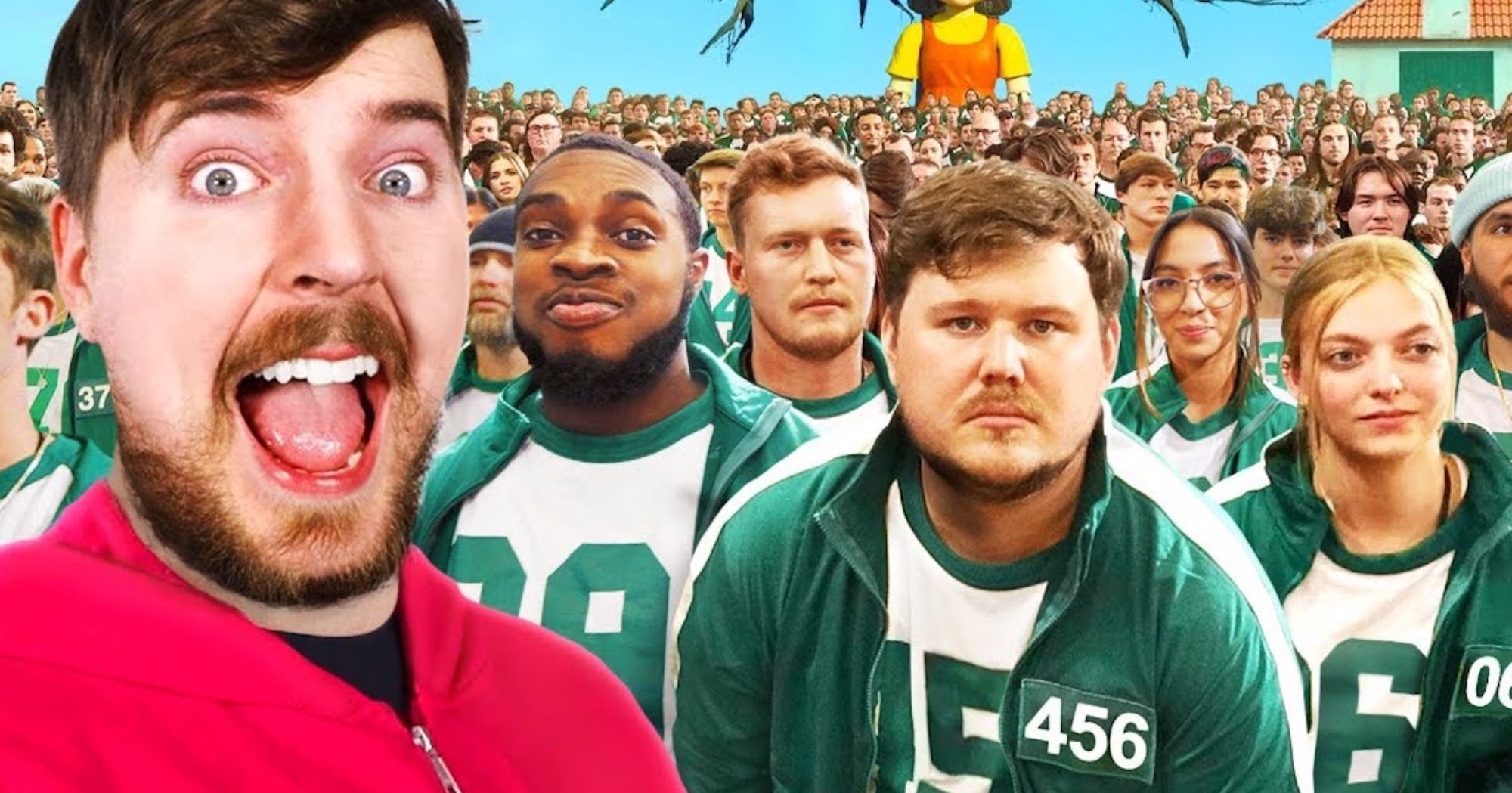 MrBeast 'Squid Game' Youtube video with players wearing green tracksuits.
