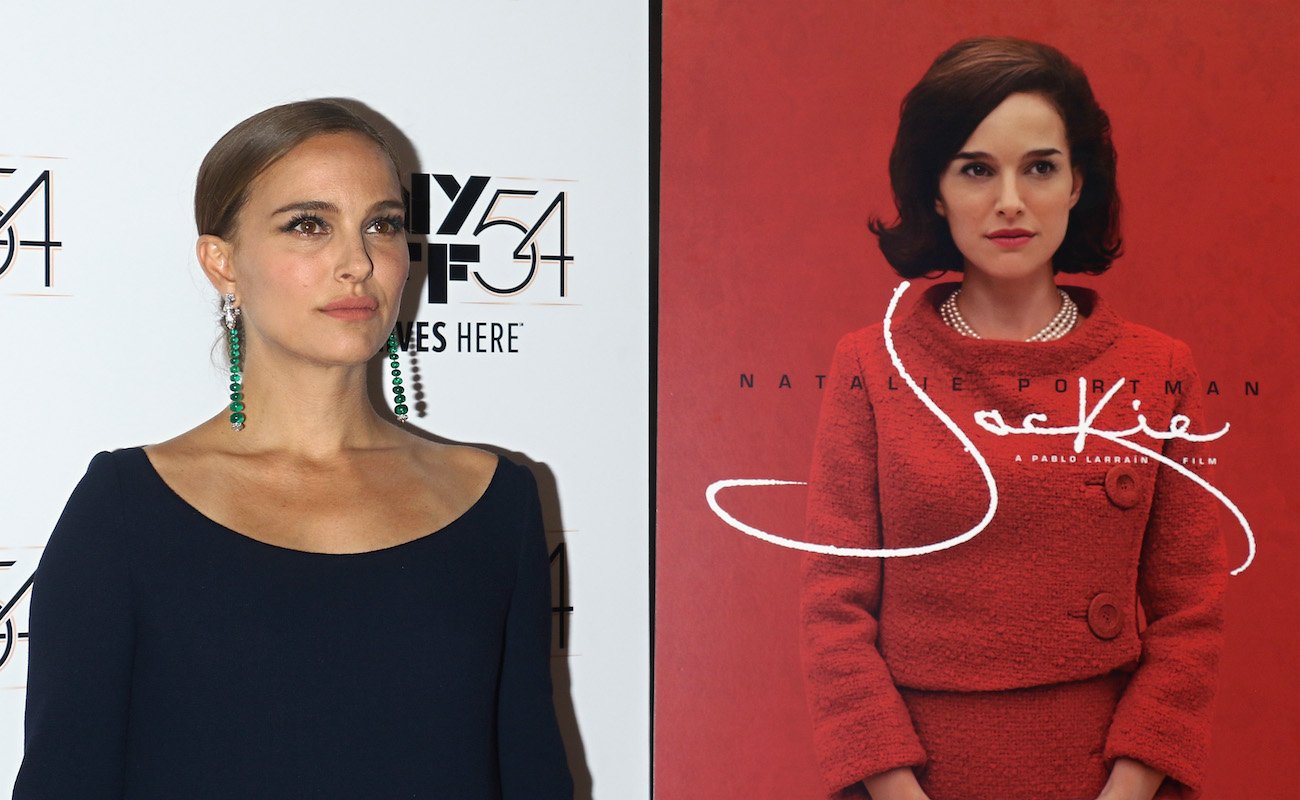 Natalie Portman poses for photographers as she stands in front of a 'Jackie' poster