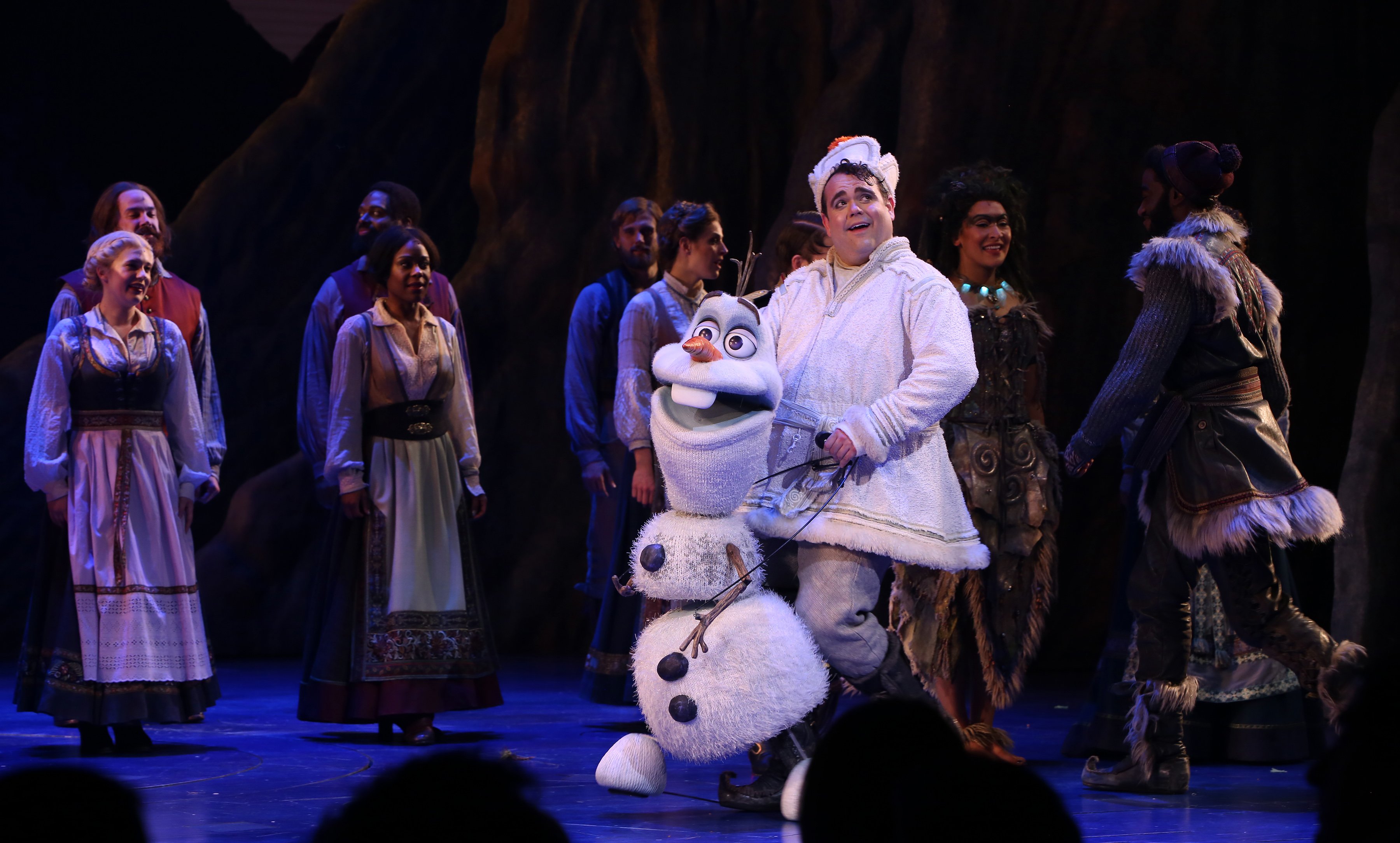 Olaf and Greg Hildreth during the Broadway Musical Opening Night Curtain Call for 'Frozen' in New York City