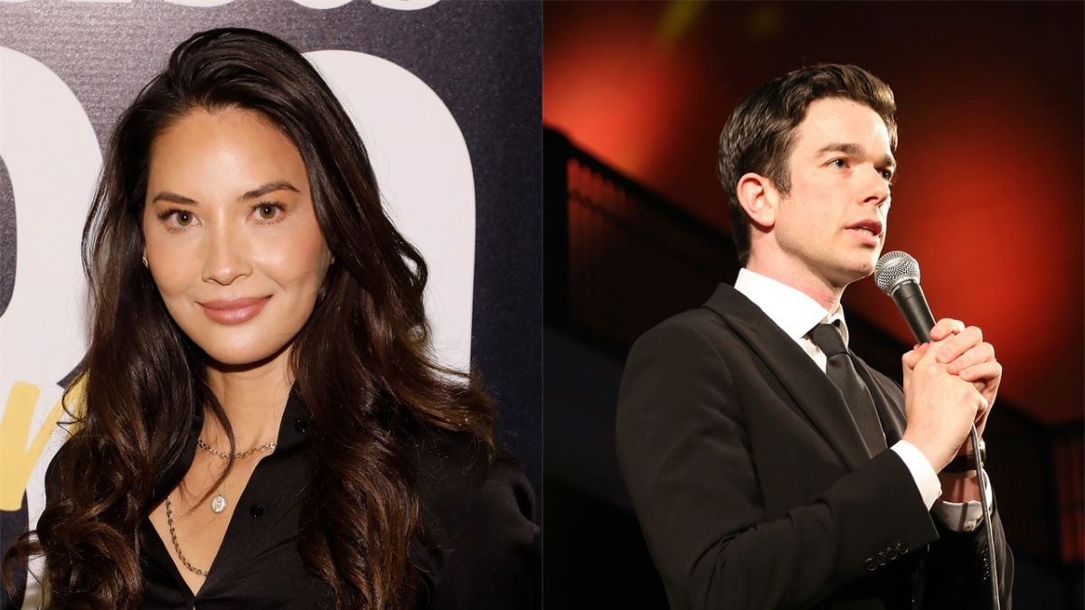 (L) Olivia Munn in a black shirt, hair down and smiling | (R) John Mulaney in a suit, holding a microphone