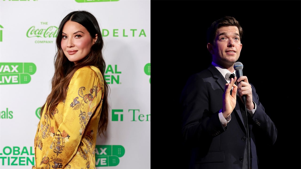 (L) Olivia Munn poses to the side in a yellow floral suit, (R) John Mulaney in a suit, talking into a microphone