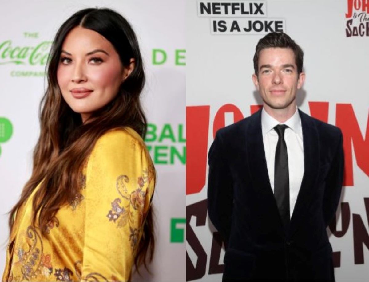 (L) Olivia Munn in a yellow floral suit, turned to side and smiling (R) John Mulaney in a black suit and tie