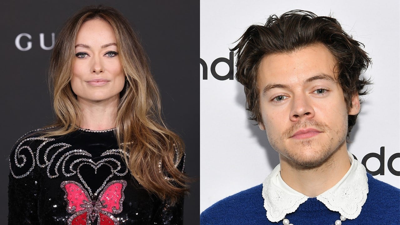 (L) Olivia Wilde with her hair down, looking at camera and smiling slightly - (R) Harry Styles in a blue sweater with a white collar, wearing a pearl necklace and smiling 