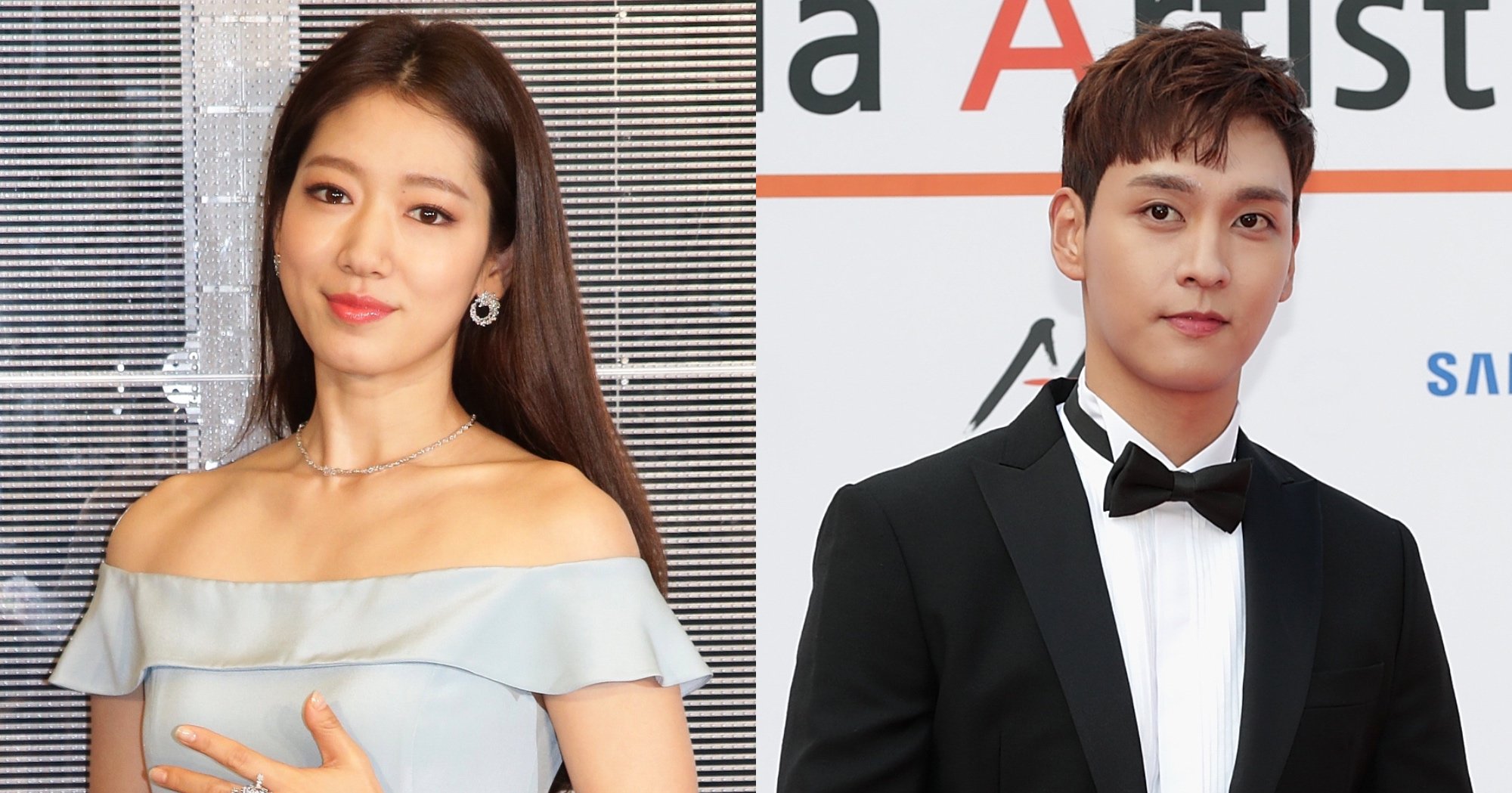 Park Shin-hye and Choi Tae-joon at red carpet events wearing dress and tux.
