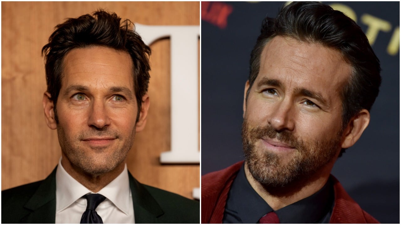 A close-up of Paul Rudd on the red carpet next to a close-up of Ryan Reynolds on the red carpet.