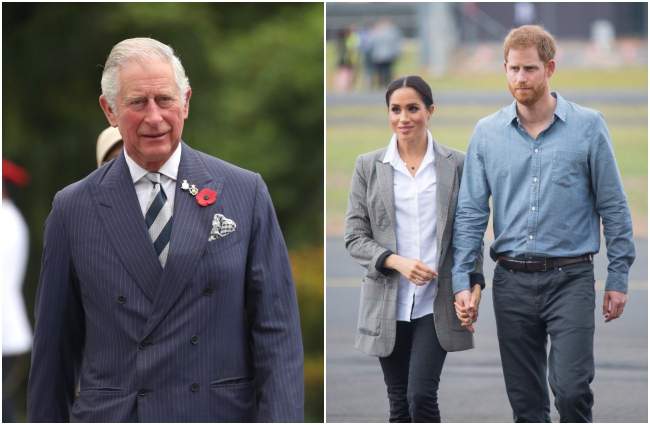 Prince Charles wearing a blue pinstripe suit; Meghan Markle and Prince Harry walking side-by-side and holding hands.